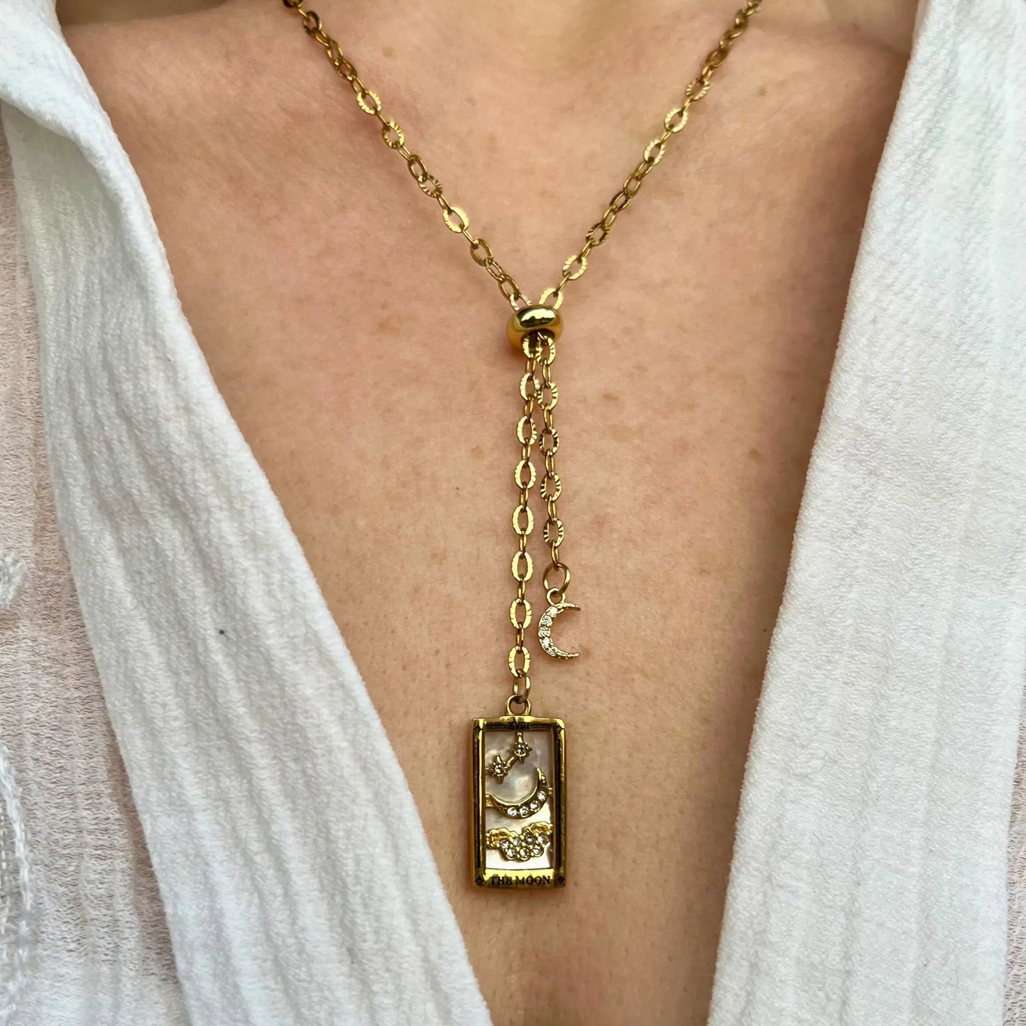 collier cravate réglable en acier inoxydable avec breloque carte de tarot "la lune"