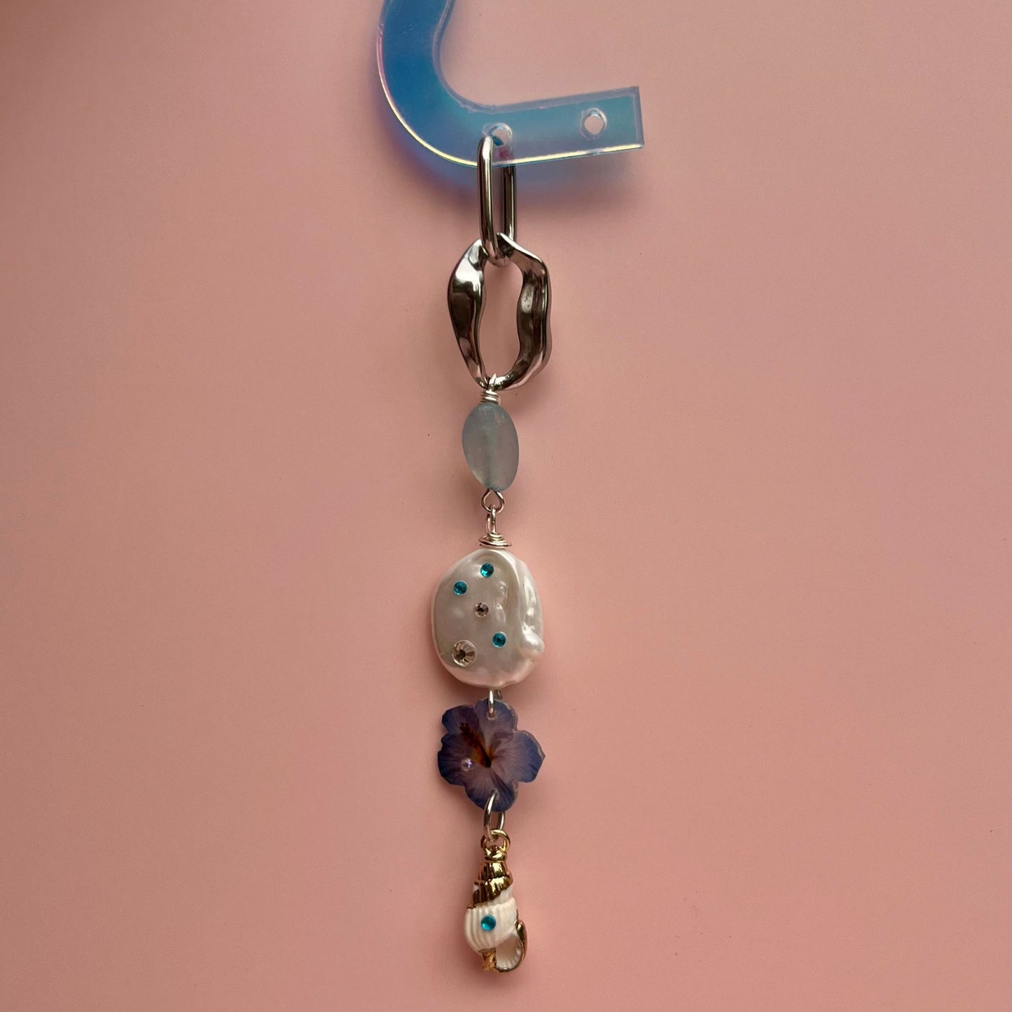 boucle d'oreille longue, aigue-marine, acier inoxydable, perle d'eau douce et coquillage