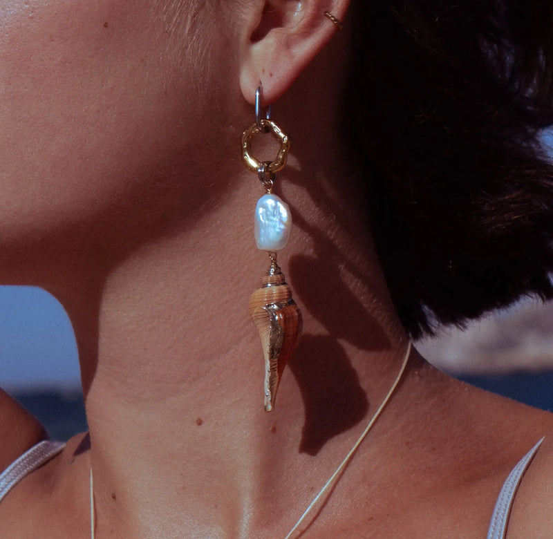 boucle d'oreille en acier inoxydable, coquillage et perle de culture