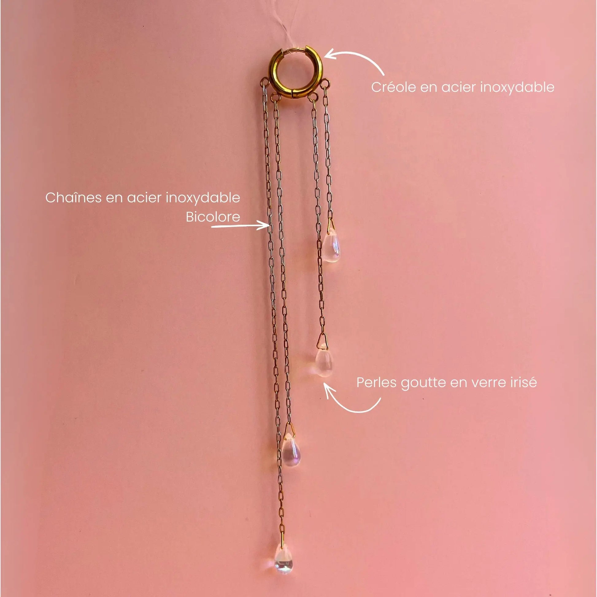 boucles d'oreille créole en acier inoxydable avec gouttes en verre