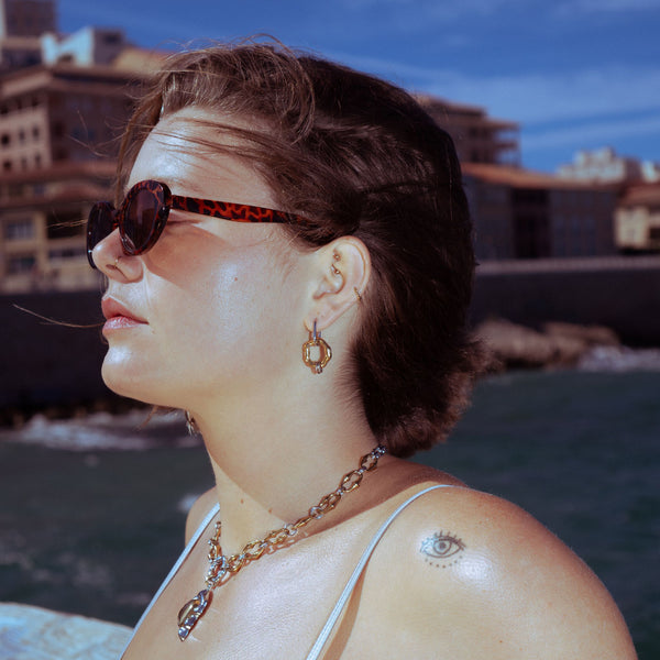 boucle d'oreille et collier en acier inoxydable doré et argenté