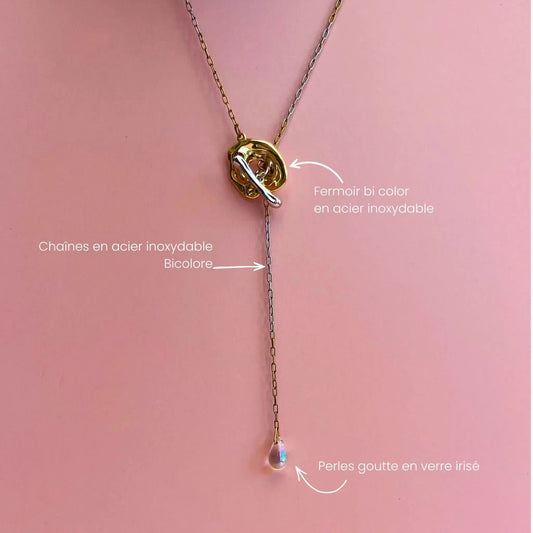 Détail du collier lariat tear of joy en acier inoxydable doré et argenté