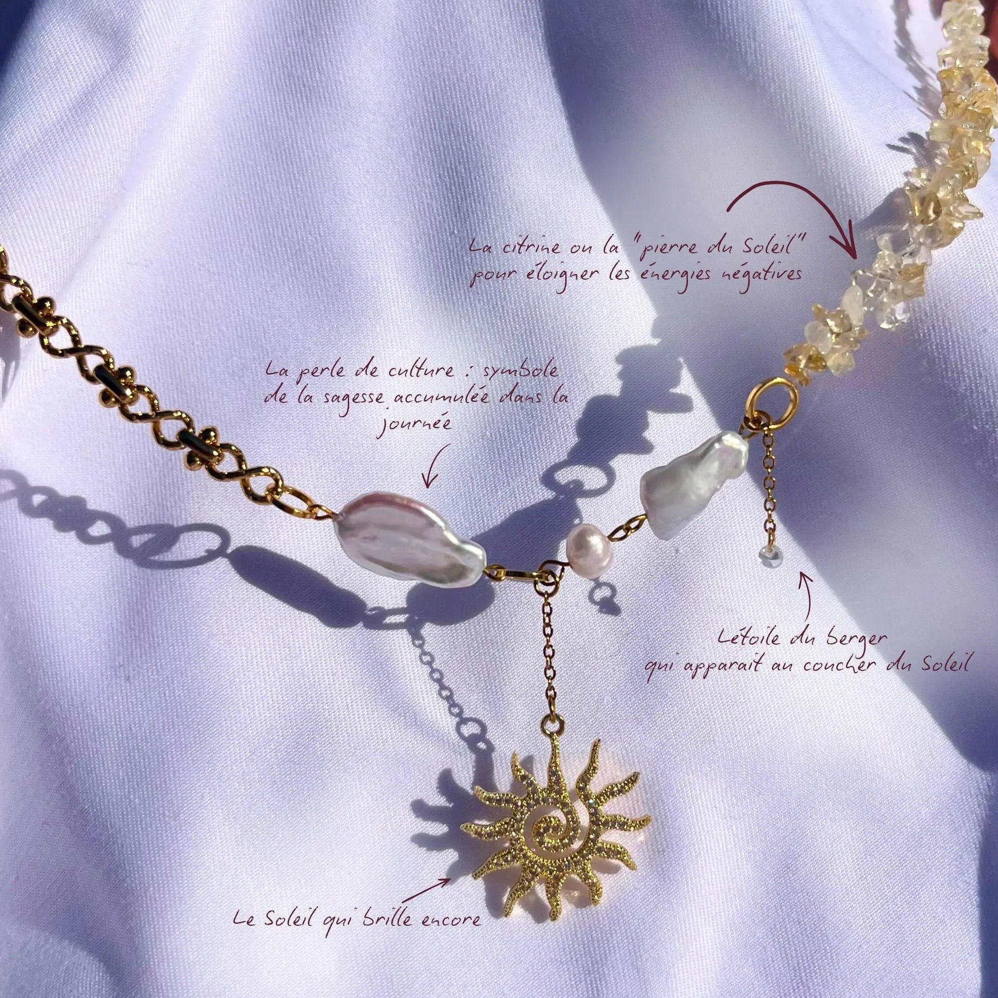 collier fait main en citrine et perles de culture, chaine et pendentif en acier inoxydable pièce unique Lodzé