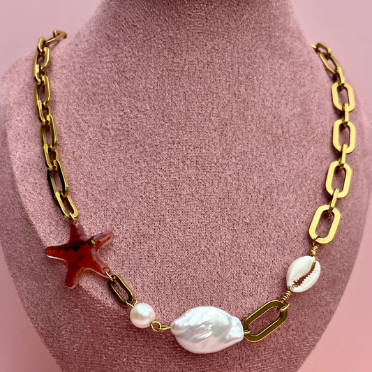 Collier en acier inoxydable coquillage perle de culture et charm étoile de mer fait main