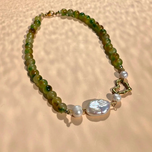 collier en agate verte dégradée et perles de culture, coeur en acier inoxydable