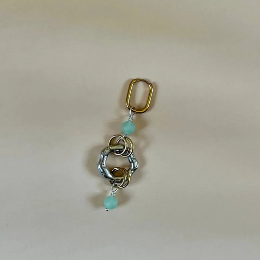 Créole monoboucle en acier inoxydable doré et pendentif en amazonite et anneau argenté