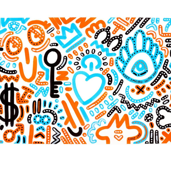 oeuvre d'art crée par lucecee.art, fond blanc et dessins au posca en bleu, orange et noir