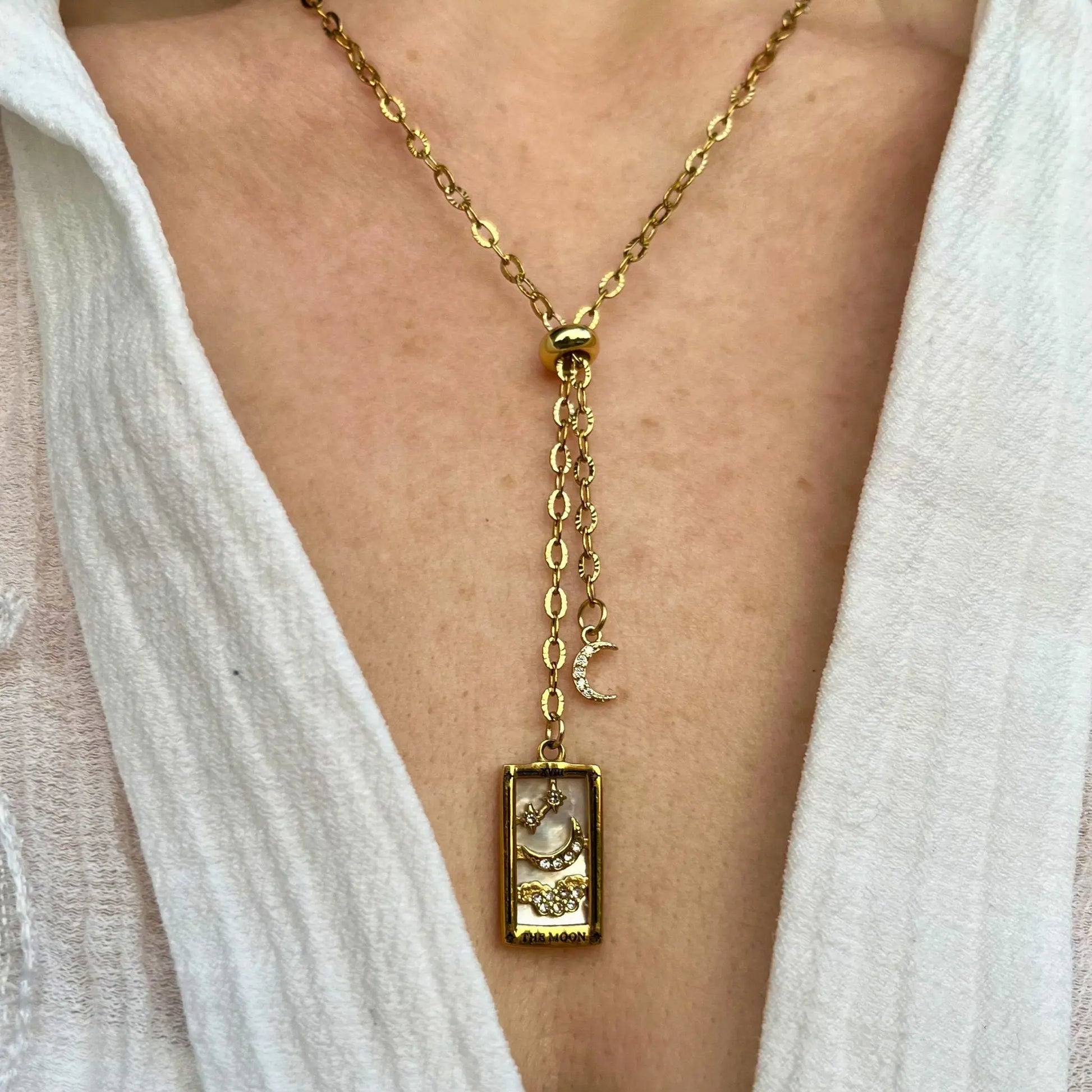 collier cravate réglable en acier inoxydable avec breloque carte de tarot "la lune"